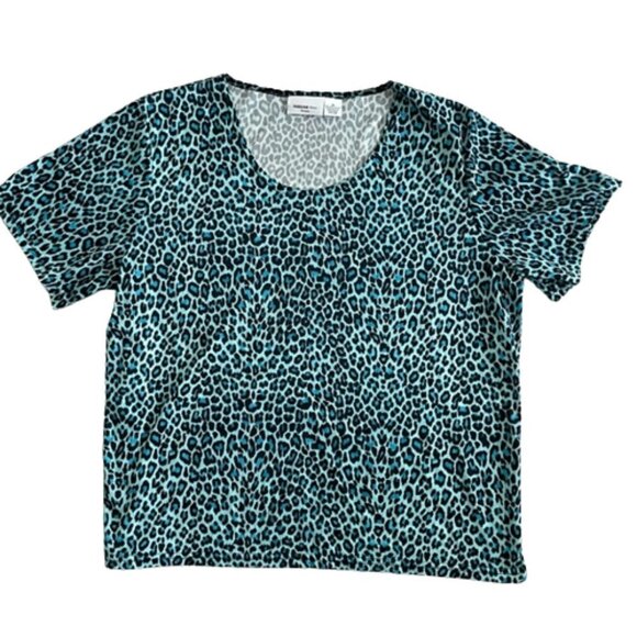 Parisian Works Animal Print blue LEOPARD scoop neck short sleeve shirt 2x - Picture 1 of 7